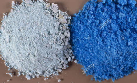 white anhydrous copper sulphate to blue ( copper sulphate pentahydrate).